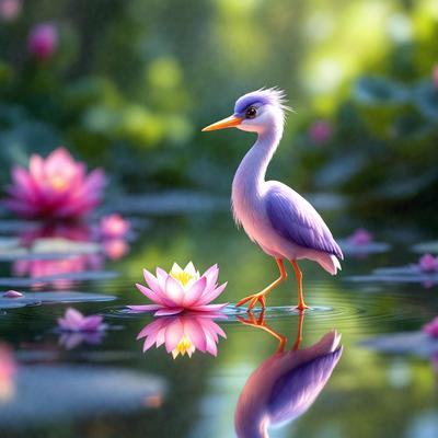 The primary subject of the image is a purple bird standing on one leg in a body of water. The bird is surrounded by a variety of flowers, including pink and purple ones, which add to the vibrant and lively atmosphere of the scene. The setting appears to be a serene and picturesque environment, with the bird being the main focus of the image. The visual style of the image is a combination of photo and digital art, creating a realistic yet artistic representation of the bird and its surroundings.